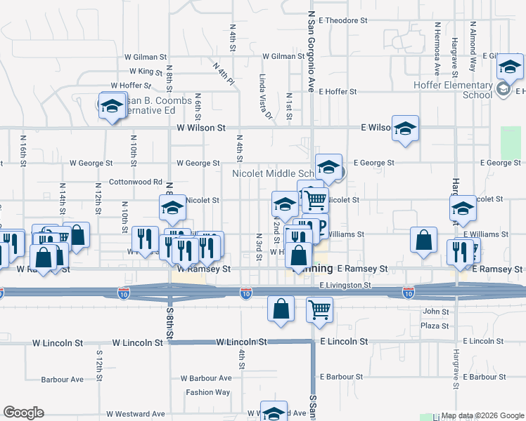 map of restaurants, bars, coffee shops, grocery stores, and more near 340 North 3rd Street in Banning