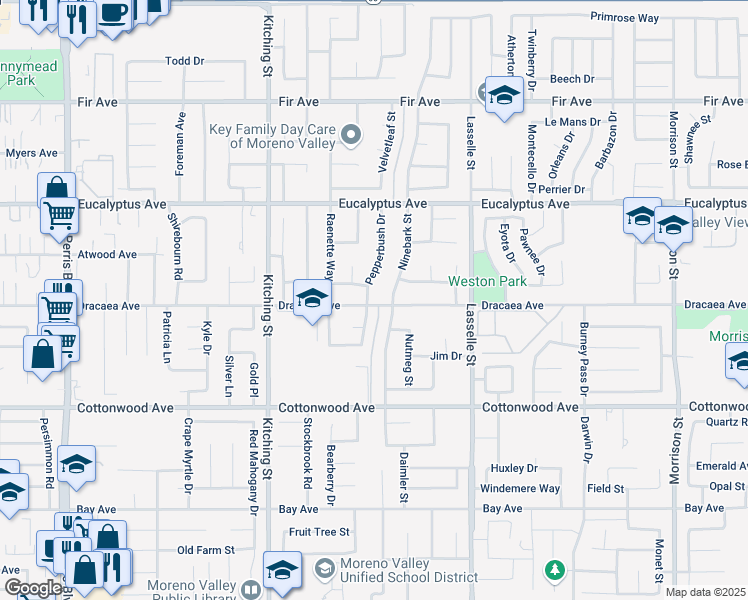 map of restaurants, bars, coffee shops, grocery stores, and more near 13248 Pepperbush Drive in Moreno Valley