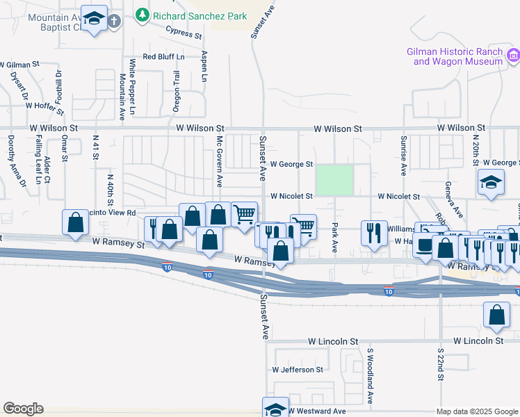 map of restaurants, bars, coffee shops, grocery stores, and more near 3221 West Jacinto View Road in Banning