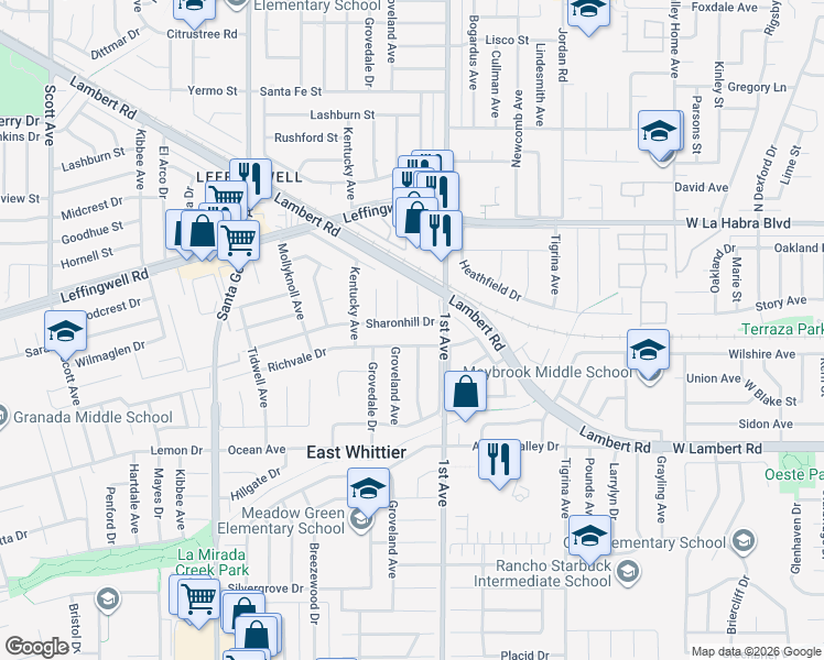 map of restaurants, bars, coffee shops, grocery stores, and more near 16114 Sharon Hill Drive in Whittier