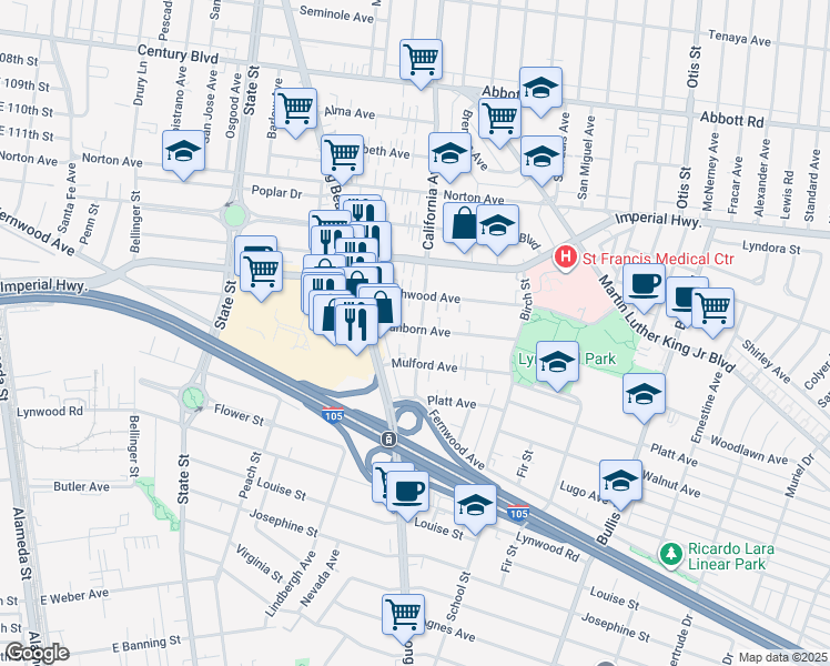 map of restaurants, bars, coffee shops, grocery stores, and more near 11251 California Avenue in Lynwood