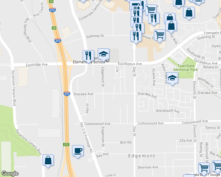 map of restaurants, bars, coffee shops, grocery stores, and more near 21794 Dracaea Avenue in Moreno Valley