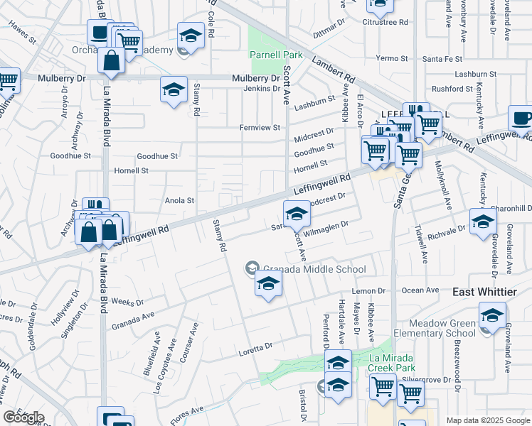 map of restaurants, bars, coffee shops, grocery stores, and more near 11502 La Serna Drive in Whittier