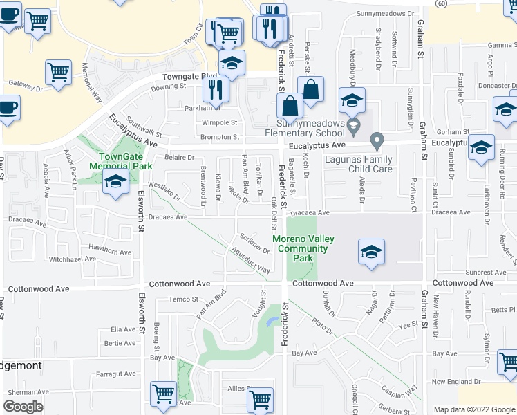 map of restaurants, bars, coffee shops, grocery stores, and more near 13217 Lakota Drive in Moreno Valley