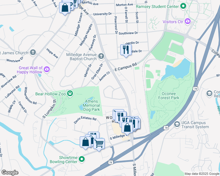 map of restaurants, bars, coffee shops, grocery stores, and more near 125 Habersham Drive in Athens