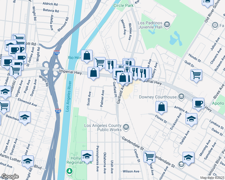 map of restaurants, bars, coffee shops, grocery stores, and more near 11005 Garfield Place in South Gate