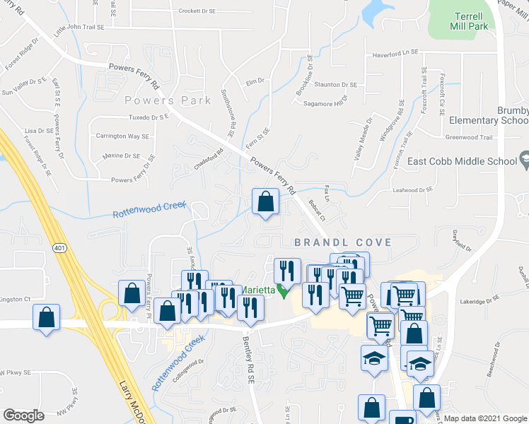 map of restaurants, bars, coffee shops, grocery stores, and more near 2680 Greentree Drive Southeast in Marietta