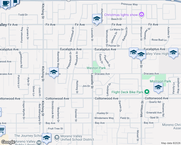map of restaurants, bars, coffee shops, grocery stores, and more near 13248 Twinflower Court in Moreno Valley