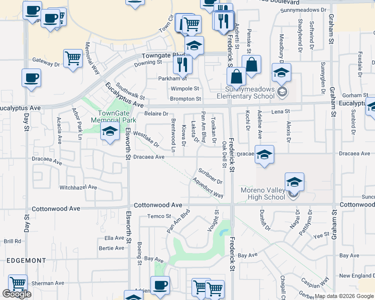 map of restaurants, bars, coffee shops, grocery stores, and more near 13213 Kiowa Drive in Moreno Valley