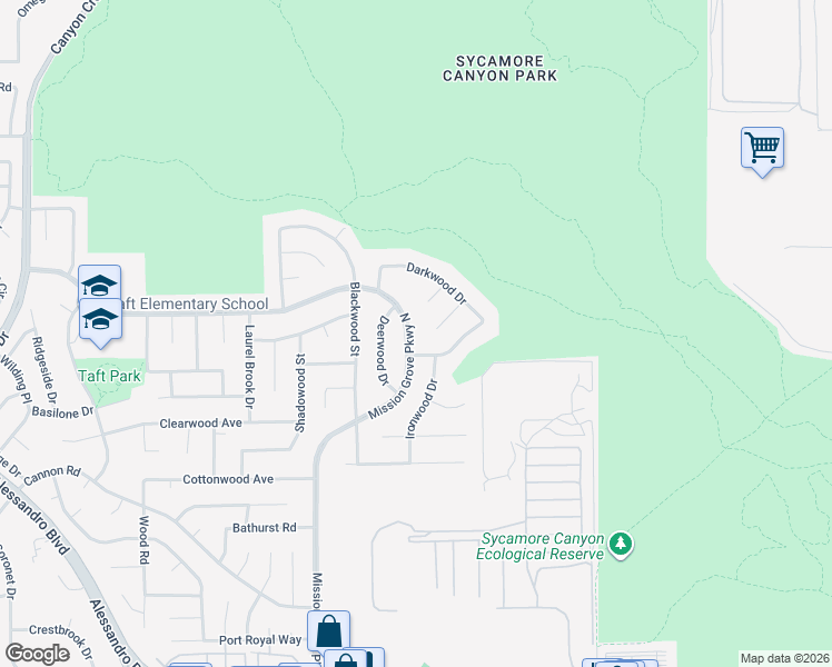 map of restaurants, bars, coffee shops, grocery stores, and more near 6744 Mission Grove Parkway North in Riverside