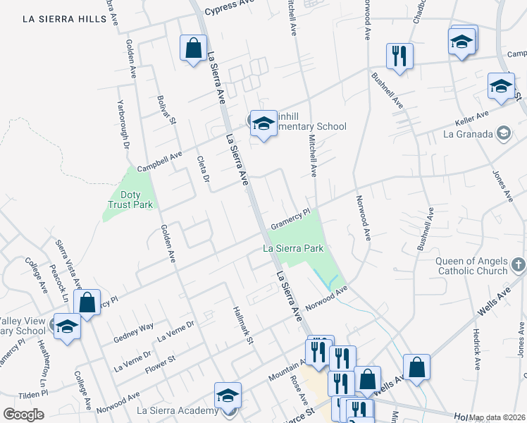 map of restaurants, bars, coffee shops, grocery stores, and more near 5355 La Sierra Avenue in Riverside