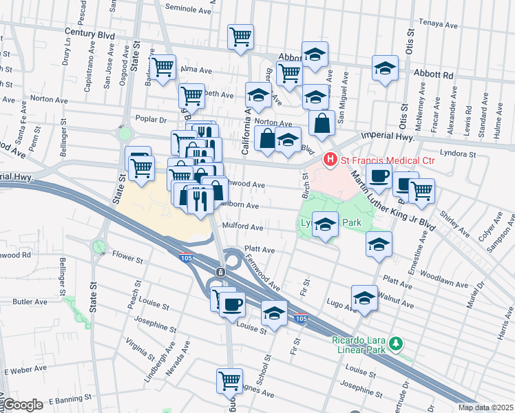 map of restaurants, bars, coffee shops, grocery stores, and more near 3543 Sanborn Avenue in Lynwood