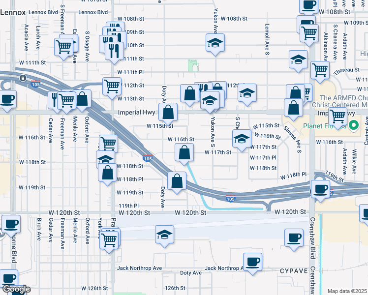 map of restaurants, bars, coffee shops, grocery stores, and more near 11619 Kornblum Avenue in Hawthorne