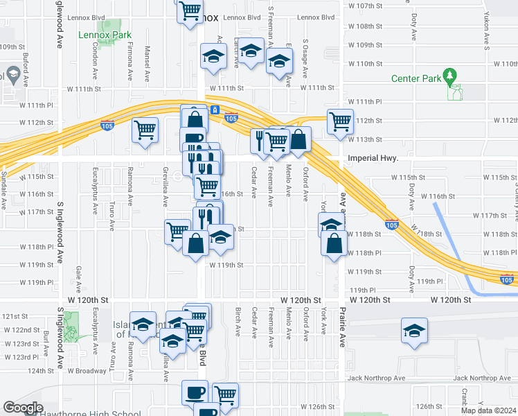 map of restaurants, bars, coffee shops, grocery stores, and more near 11631 Freeman Avenue in Hawthorne