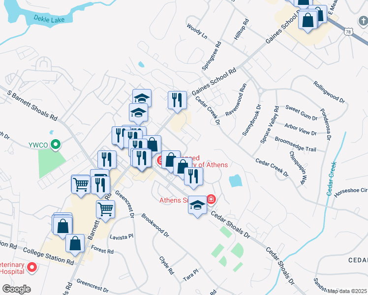 map of restaurants, bars, coffee shops, grocery stores, and more near 117 Barrington Drive in Athens