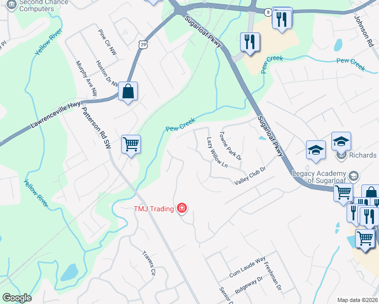 map of restaurants, bars, coffee shops, grocery stores, and more near 45 Rosemary Place in Lawrenceville