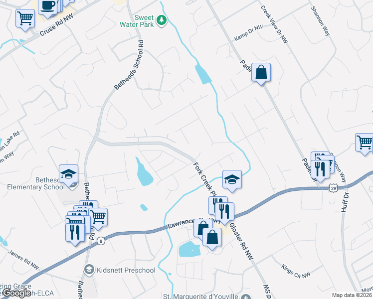 map of restaurants, bars, coffee shops, grocery stores, and more near 2566 Autumn Ridge Lane in Lawrenceville