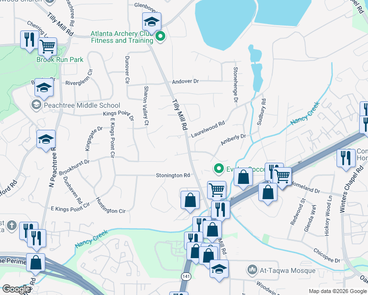 map of restaurants, bars, coffee shops, grocery stores, and more near 4546 Tilly Mill Road in Atlanta