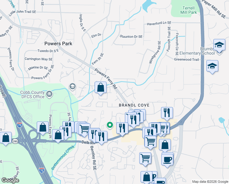 map of restaurants, bars, coffee shops, grocery stores, and more near 2638 Briarwood Drive Southeast in Marietta