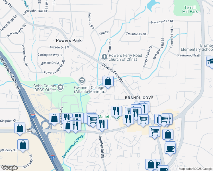 map of restaurants, bars, coffee shops, grocery stores, and more near 2680 Greentree Drive Southeast in Marietta