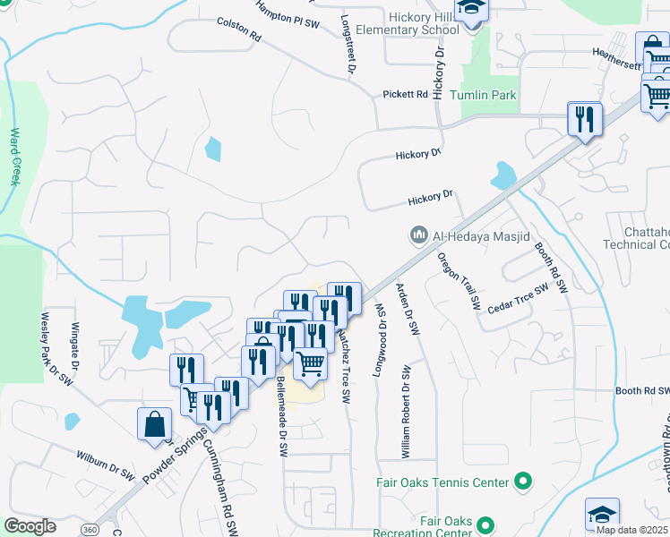 map of restaurants, bars, coffee shops, grocery stores, and more near 991 Laurel Springs Lane Southwest in Marietta