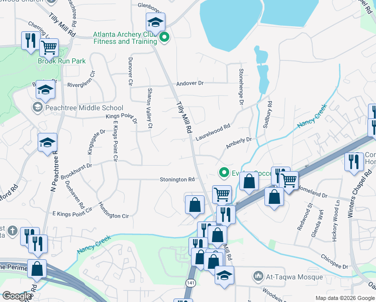 map of restaurants, bars, coffee shops, grocery stores, and more near 4546 Tilly Mill Road in Atlanta