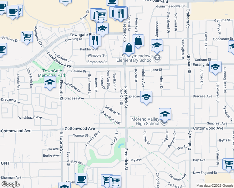 map of restaurants, bars, coffee shops, grocery stores, and more near 13239 Lakota Drive in Moreno Valley