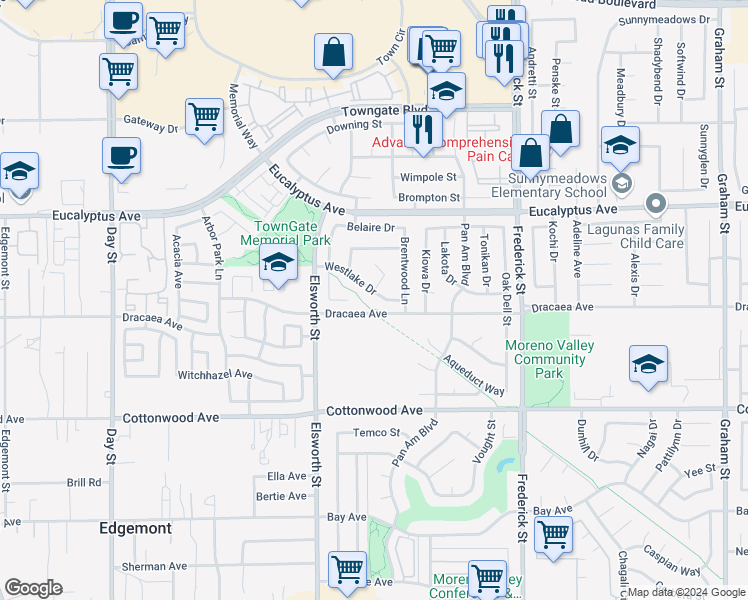 map of restaurants, bars, coffee shops, grocery stores, and more near 22647 Westlake Drive in Moreno Valley