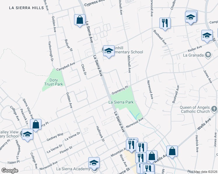 map of restaurants, bars, coffee shops, grocery stores, and more near 5355 La Sierra Avenue in Riverside