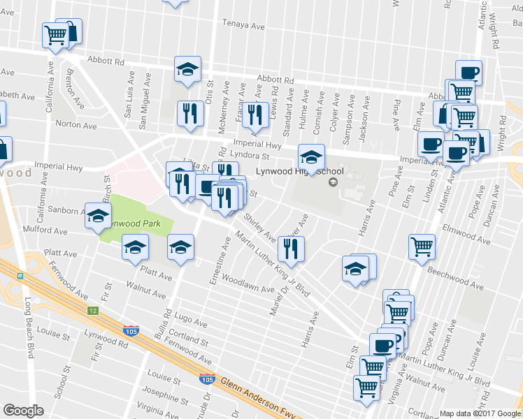 map of restaurants, bars, coffee shops, grocery stores, and more near 11218 Sue Avenue in Lynwood