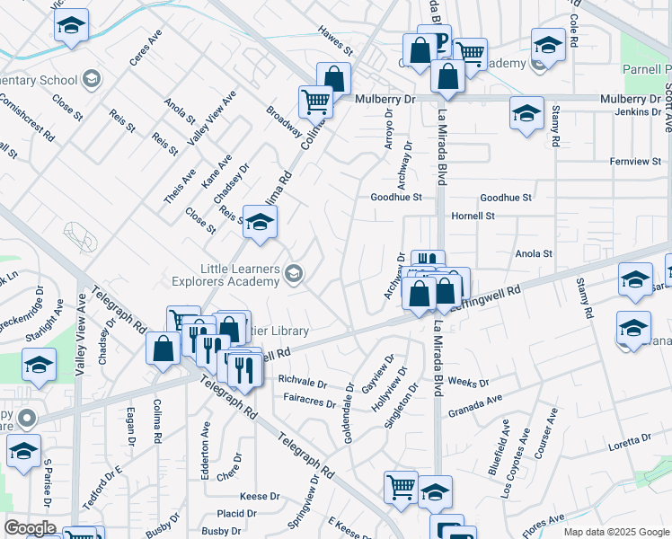 map of restaurants, bars, coffee shops, grocery stores, and more near 11231 Arroyo Dr in Whittier