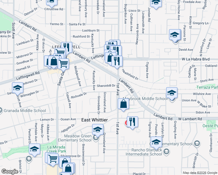 map of restaurants, bars, coffee shops, grocery stores, and more near 16114 Sharon Hill Drive in Whittier