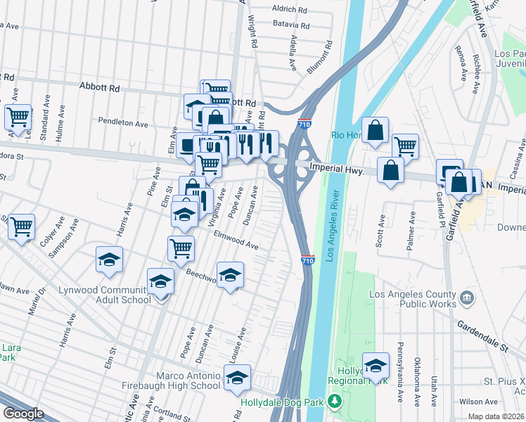 map of restaurants, bars, coffee shops, grocery stores, and more near 5217 Borson Avenue in Lynwood