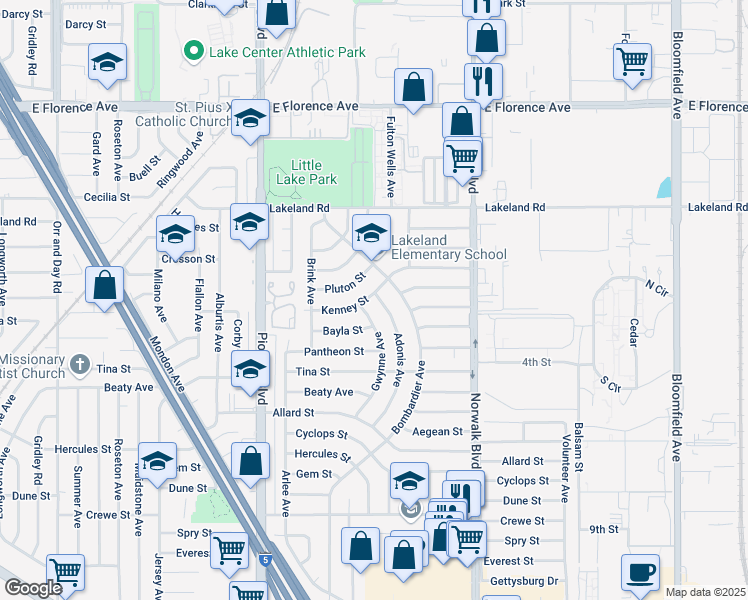 map of restaurants, bars, coffee shops, grocery stores, and more near 12014 Kenney Street in Norwalk