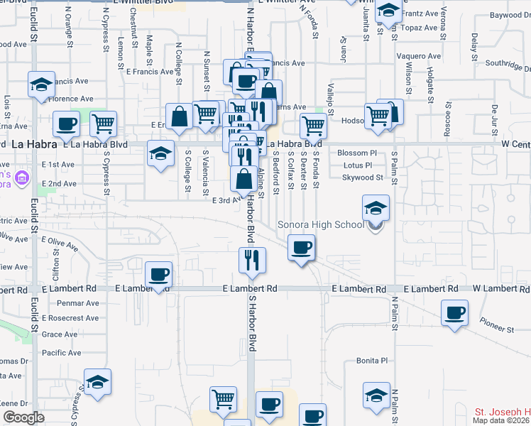 map of restaurants, bars, coffee shops, grocery stores, and more near 404 South Bedford Street in La Habra