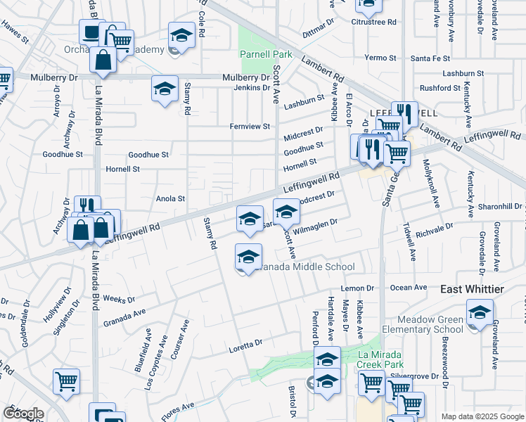 map of restaurants, bars, coffee shops, grocery stores, and more near 11502 La Serna Drive in Whittier