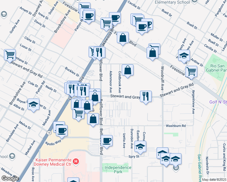 map of restaurants, bars, coffee shops, grocery stores, and more near 11744 Adenmoor Avenue in Downey