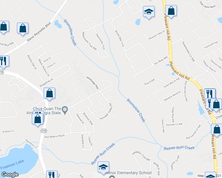 map of restaurants, bars, coffee shops, grocery stores, and more near 4029 Heritage Valley Court in Norcross