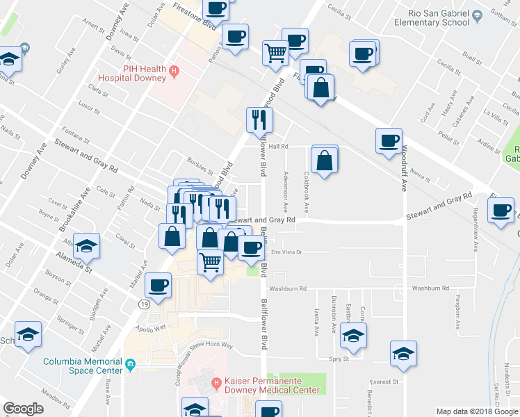 map of restaurants, bars, coffee shops, grocery stores, and more near 11745 Bellflower Boulevard in Downey