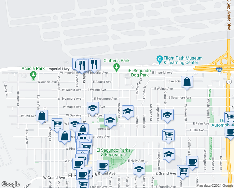 map of restaurants, bars, coffee shops, grocery stores, and more near 849 Sheldon Street in El Segundo