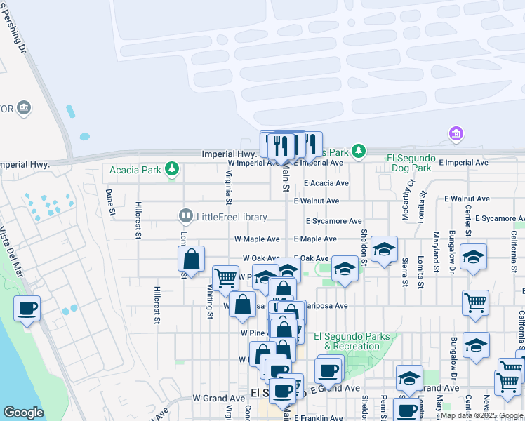 map of restaurants, bars, coffee shops, grocery stores, and more near 214 West Walnut Avenue in El Segundo
