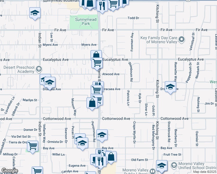 map of restaurants, bars, coffee shops, grocery stores, and more near 25086 Dracaea Avenue in Moreno Valley