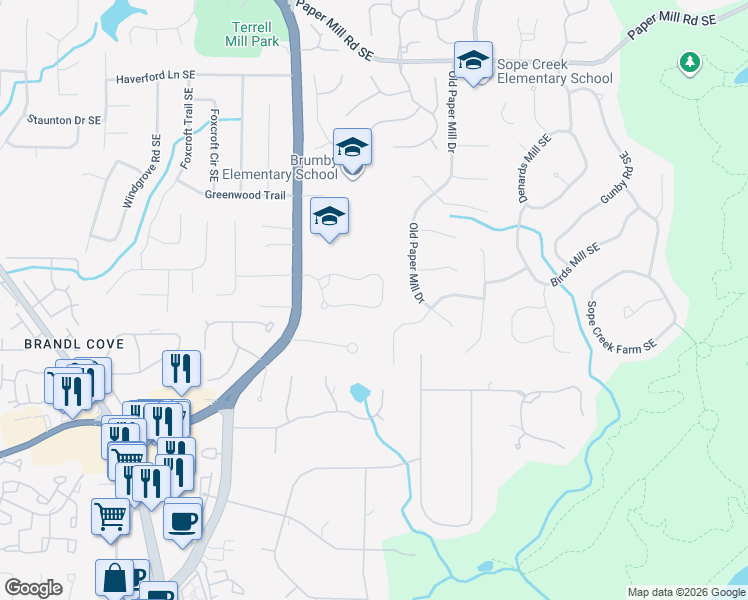 map of restaurants, bars, coffee shops, grocery stores, and more near 3281 Winthrop Circle in Marietta