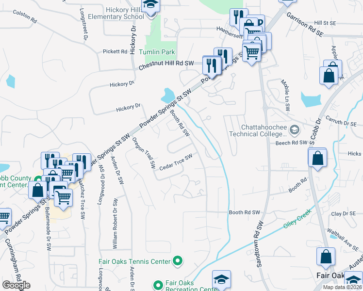 map of restaurants, bars, coffee shops, grocery stores, and more near 443 Booth Circle Southwest in Marietta