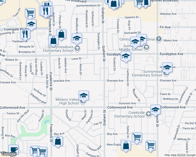 map of restaurants, bars, coffee shops, grocery stores, and more near 23442 Dracaea Avenue in Moreno Valley