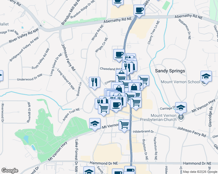 map of restaurants, bars, coffee shops, grocery stores, and more near 6347 North Hampton Drive Northeast in Atlanta