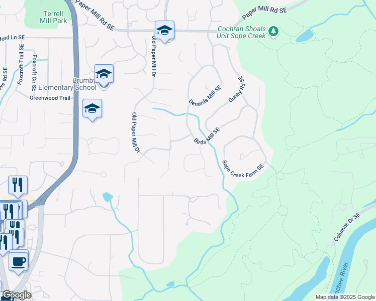 map of restaurants, bars, coffee shops, grocery stores, and more near 3574 Tuckers Farm Southeast in Marietta
