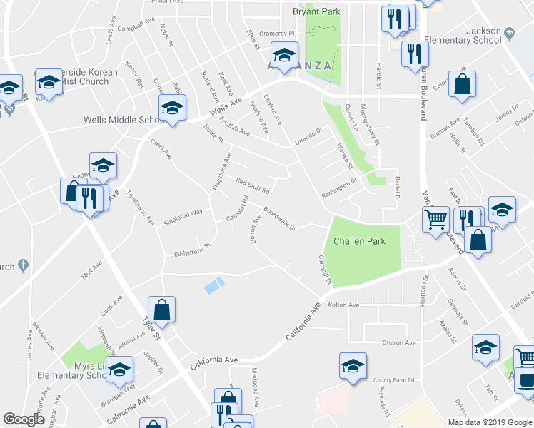 map of restaurants, bars, coffee shops, grocery stores, and more near 4954 Boardwalk Drive in Riverside