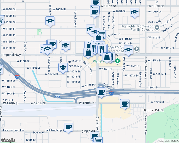 map of restaurants, bars, coffee shops, grocery stores, and more near 11601 Simms Avenue South in Inglewood