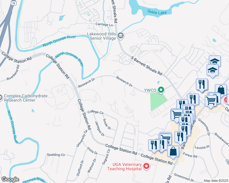 map of restaurants, bars, coffee shops, grocery stores, and more near 310 Research Drive in Athens